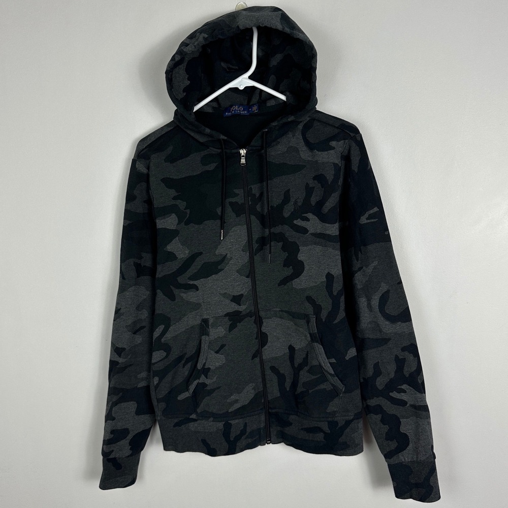 Polo Ralph Lauren Mens Hoodie M Full Zip Grey Camouflage Fleece Sweatshirt Black